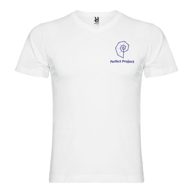 Werbeartikel Samoyedo T-Shirt V-Ausschnitt – weiß – mit Logo bedruckt 48h Express-Druck Gr. S