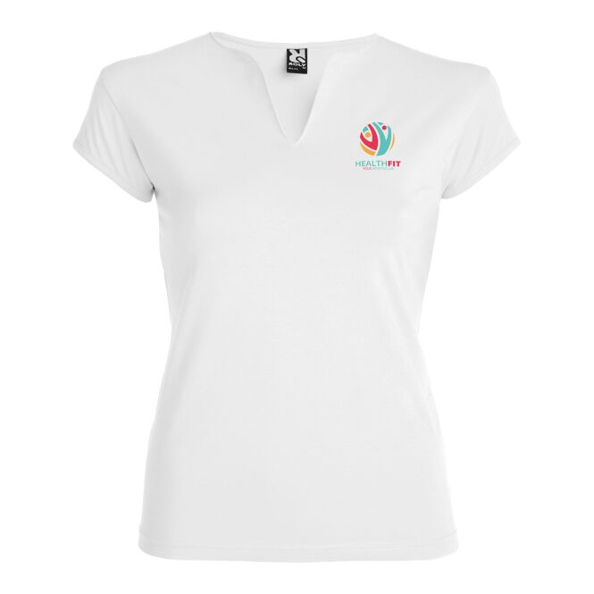Werbeartikel Damen-T-Shirt Belice – weiss – mit Logo bedruckt 48h Express-Druck V-Ausschnitt Gr. XL