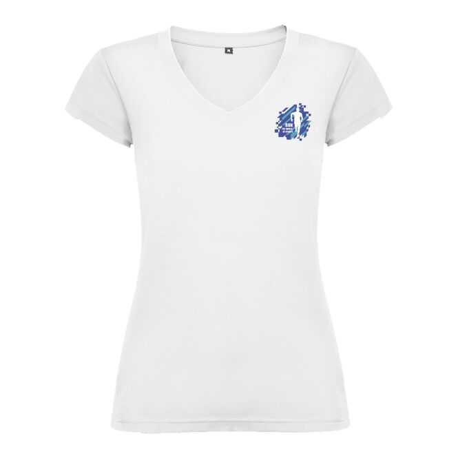 Werbeartikel Damen T-Shirt Victoria V-Ausschnitt – weiss – mit Logo bedruckt 48h Express-Druck Gr. XL