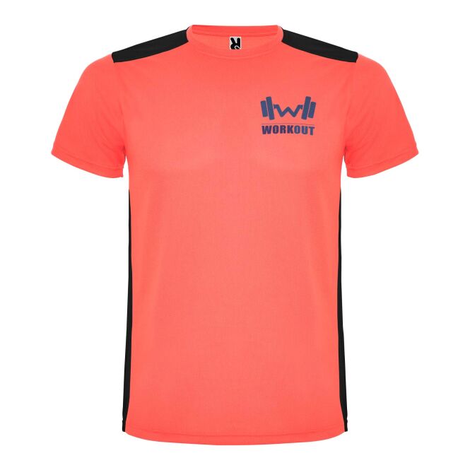 Werbeartikel T-Shirt Detroit Unisex – fluor coral-schwarz – mit Logo bedruckt 48h Express-Druck nachhaltig Gr. 2XL