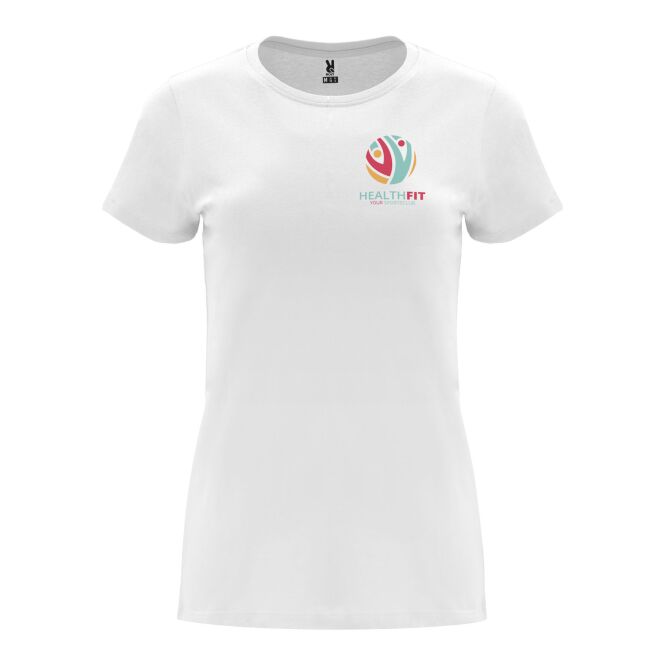 Firmenbekleidung Capri T-Shirt Damen – weiss – mit Logo bedruckt 48h Express-Druck Gr. XL