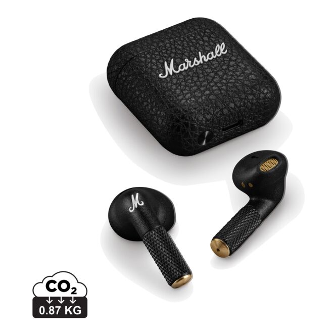 Premium-Werbegeschenk Marshall Minor IV Ohrhörer mit Logodruck – Schwarz – High-End Bluetooth Audio für Business und Büro