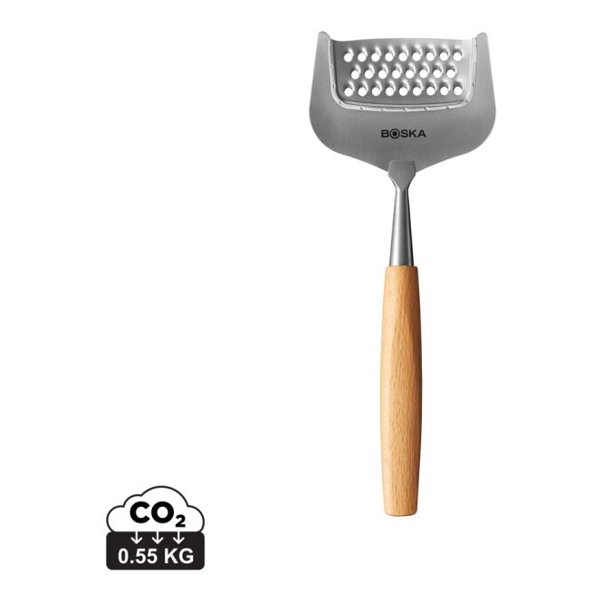 Firmengeschenk Käsereibe Amigo mit Gravur – Stahl-braun – praktisches Küchenutensil für Gastronomie und Büro