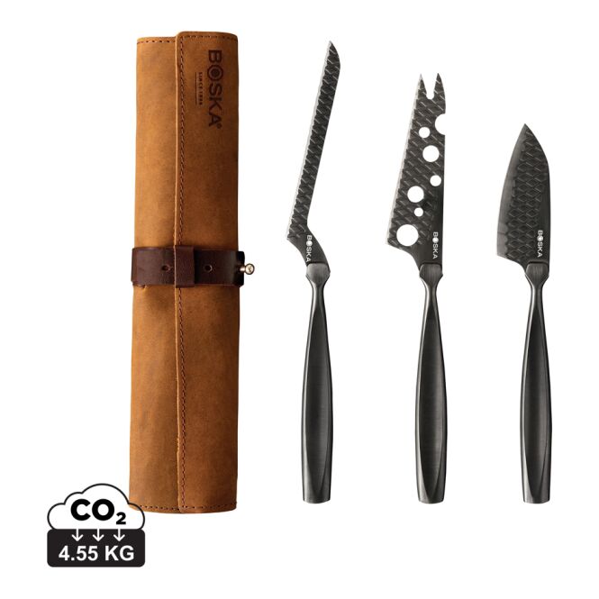 Firmengeschenk BOSKA Käsemesserset Monaco+ mit Logoprägung – Schwarz – exklusives Küchenset für Business-Events