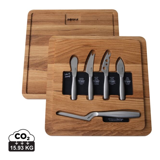 Firmengeschenk Ultimate Cheese Set Small Copenhagen mit Gravur – braun-Stahl – Käsebrett mit Messern für Business-Events