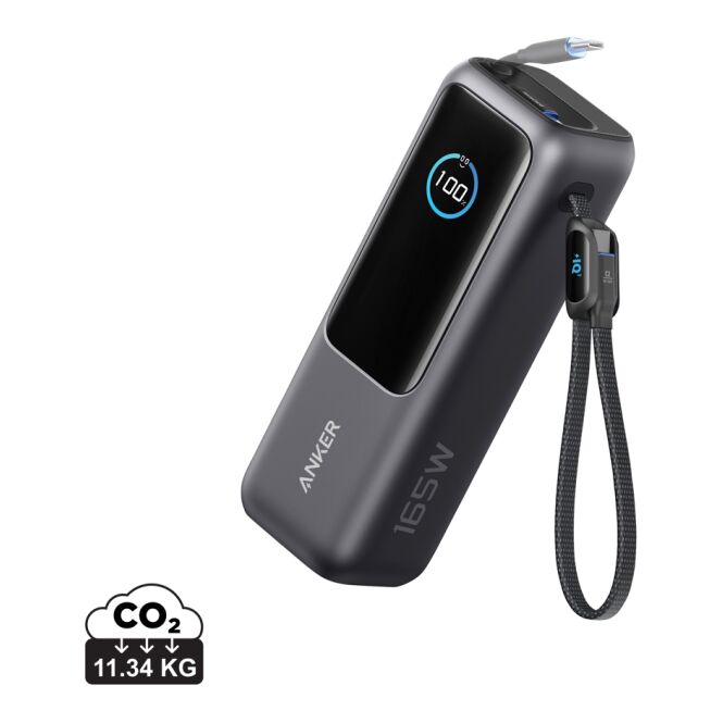 Werbeartikel Anker Powerbank 25.000mAh-165W, mit integr. einziehb. Kabel – mit Logo bedruckt – grau-schwarz
