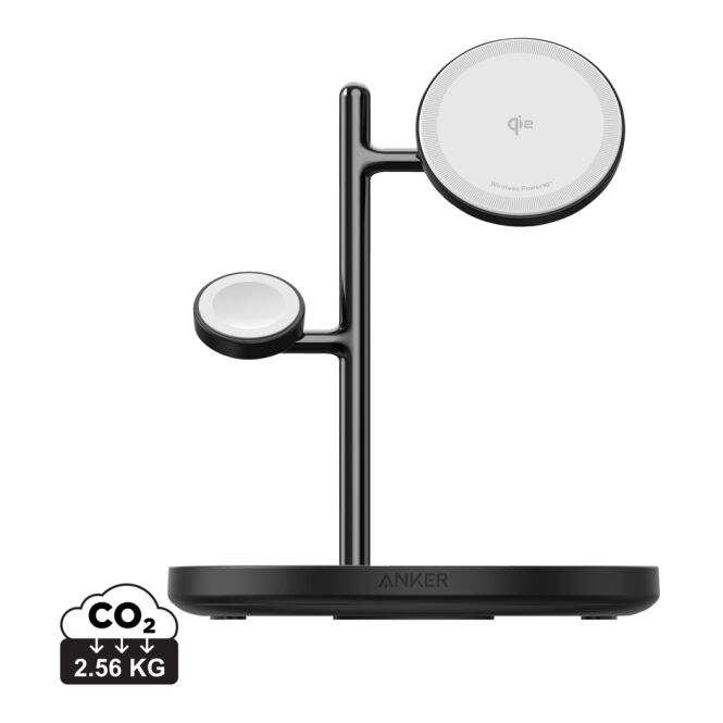 Premium-Werbegeschenk Anker MagGo 3-in-1 Ladestation mit Logodruck – Schwarz – Qi2-zertifizierte Ladetechnik für Büro & Schreibtisch