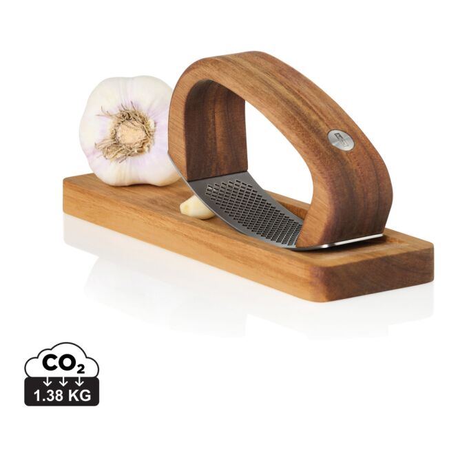 Firmengeschenk RoccaAlio Knoblauchpresse mit Holz-Schneidebrett – Braun – edles Küchen-Accessoire für Geschäftspartner und Mitarbeiter