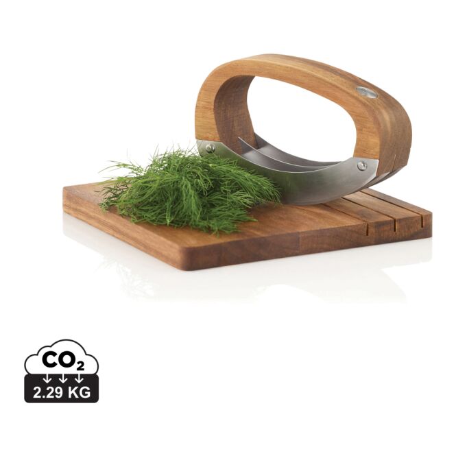 Firmengeschenk AdHoc RoccaVerde Hackmesser mit Schneidebrett mit Gravur – braun – hochwertiges Kochzubehör für Mitarbeiter und Gastronomie