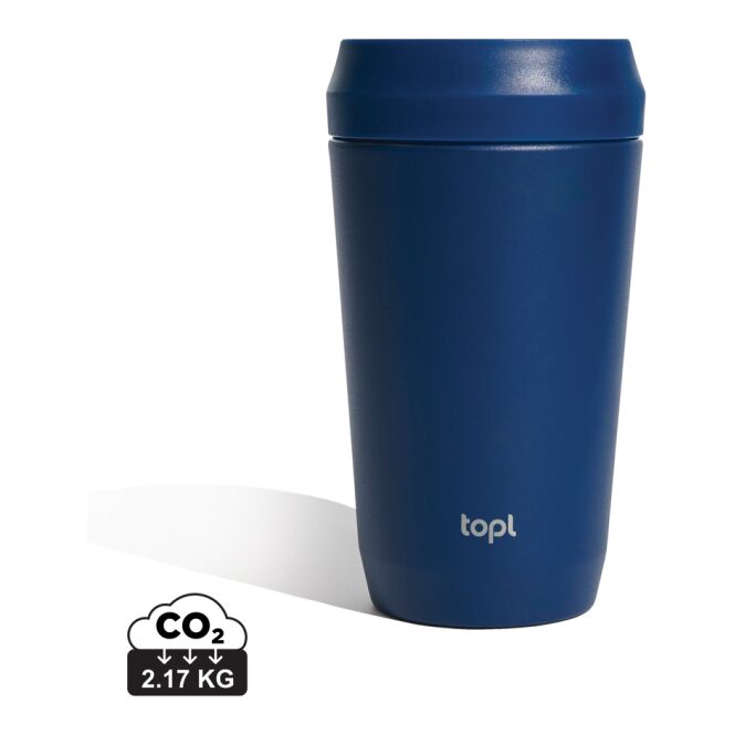 Werbeartikel Thermobecher Topl – navy blau – mit Logodruck 354 ml nachhaltiger Mehrwegbecher aus recyceltem Stahl für die Büroküche