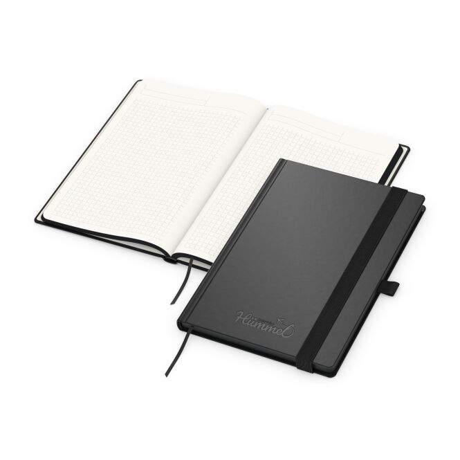 Firmengeschenk Notizbuch Black-Book – schwarz – mit Werbedruck 100% Altpapier Blauer Engel A5 192 Seiten nachhaltiges Journal