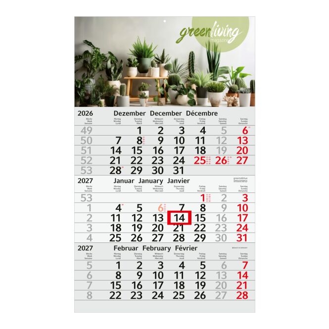 Werbeartikel 3-Monatskalender Budget 3 mit 4C-Logodruck – Rot – nachhaltiger Wandkalender aus Recyclingpapier für Büro und Betrieb