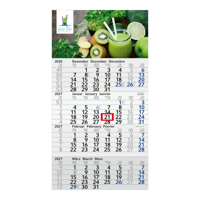 Werbeartikel Wandkalender Budget 4 2027 – blau – mit Logo bedruckt 300x560mm 4-Monats-Ansicht als nachhaltiges Firmenpräsent