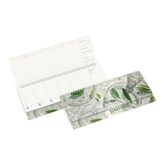 Firmengeschenk Kalender Compact 304x135mm – weiß – mit individuellem Werbedruck 100% Recyclingpapier für nachhaltiges Büroutensil