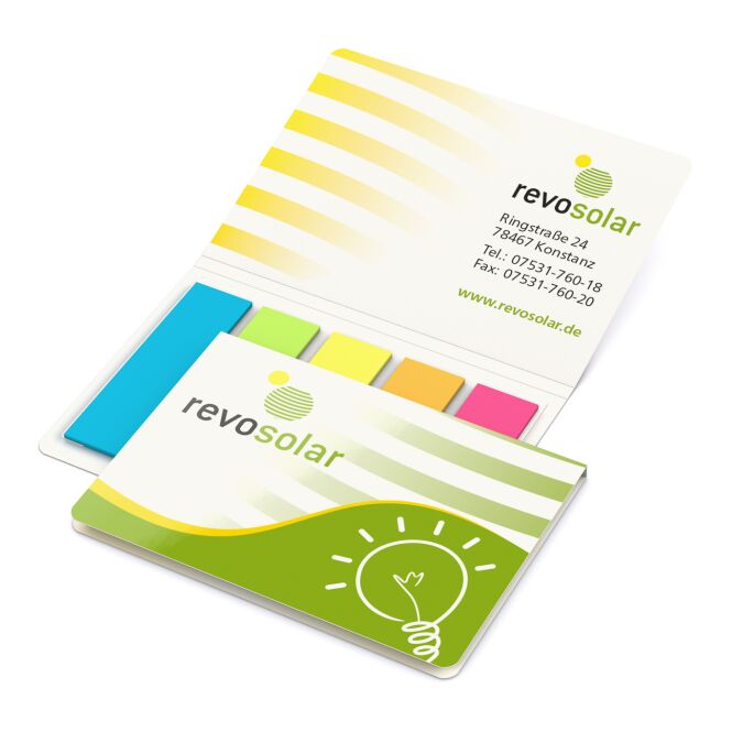 Werbeartikel Haftmarker-Set Memo-Card mit Logodruck – 77x54 mm Recyclingpapier – nachhaltige Organisationshelfer für Büro und Messen