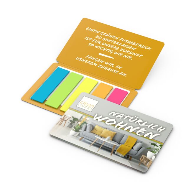 Werbeartikel Haftmarker-Set Multi-Card mit Logodruck 85x55 mm aus Recyclingpapier – nützliches Büromaterial für Firmen und Messen
