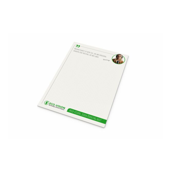 Mitarbeitergeschenk Notizblock green+blue – weiß – mit individuellem Werbedruck 100% Altpapier Blauer Engel DIN A5 nachhaltiges Journal