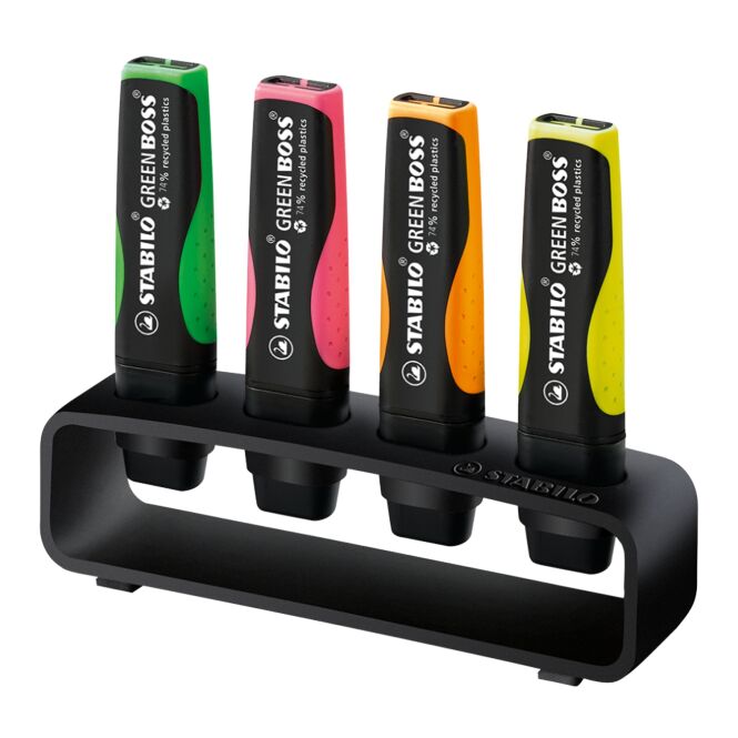 Werbeartikel Textmarker STABILO GREEN BOSS 4er Set – schwarz – mit Logo bedruckt aus recyceltem Kunststoff für den Büroalltag nachhaltig