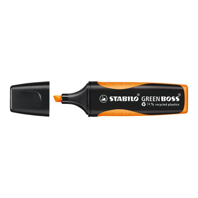 Werbeartikel Textmarker STABILO GREEN BOSS – orange – mit Logo bedruckt, nachhaltig aus 83% recyceltem Kunststoff für den Büroalltag