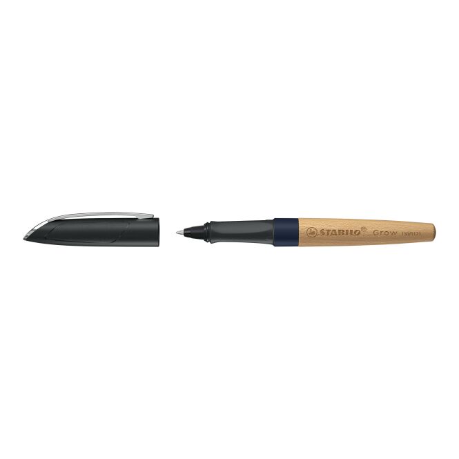 Werbegeschenk STABILO Grow Rollerball – blau – nachhaltig mit Logo bedruckt, blau schreibend für den Büroalltag