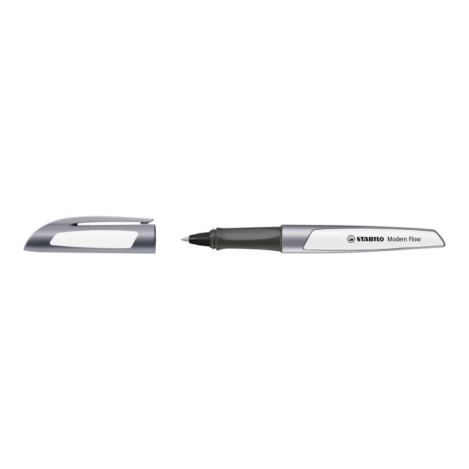 Werbeartikel STABILO Modern Flow Gelroller – silber/weiß – mit Logo bedruckt, blau schreibend für den Büroalltag
