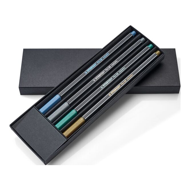 Werbeartikel STABILO Pen 68 metallic 4er-Set mit Logodruck – Metallic-Look – Schreibset für Büro und Marketing-Aktionen