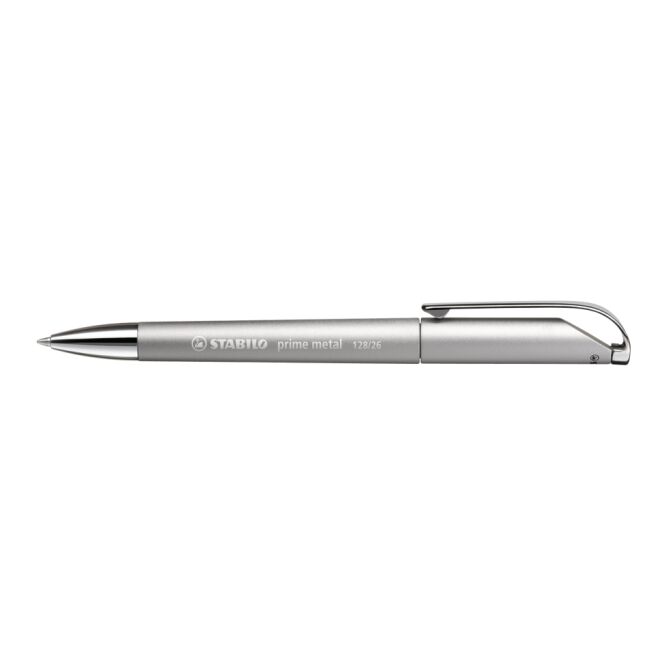 Kundengeschenk STABILO prime metal – silber – mit Gravur Drehkugelschreiber blau schreibend für den Büroalltag