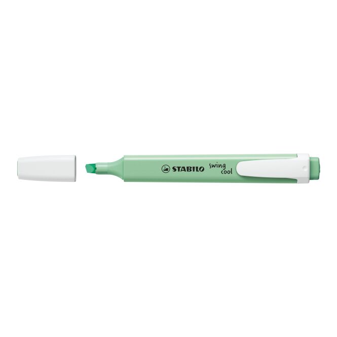 Werbeartikel Textmarker STABILO swing cool Pastel – grün – mit Logo bedruckt für den Büroalltag, flaches Design mit Clip