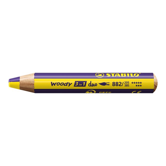 Werbeartikel STABILO woody duo Farbstift – gelb/violett – mit Logo bedruckt, nachhaltig aus PEFC-Holz für Schulen, Kitas & Gastronomie