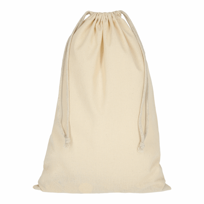 Werbeartikel Zuziehbeutel mit Logodruck – Beige – robuster Baumwollbeutel als nachhaltige Tasche für Messen und Büro