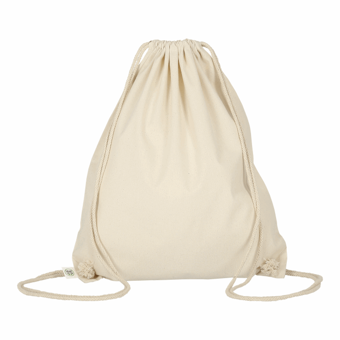 Werbeartikel Turnbeutel Texxilla aus Bio-Baumwolle mit Logodruck – Beige – nachhaltiger Rucksack für Events und Firmen