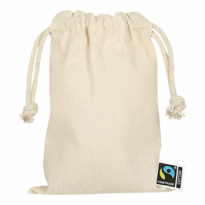 Werbeartikel Zuziehbeutel Fairtrade-Baumwolle mit Logodruck – 10x14 cm – Beige – Nachhaltige Stofftasche für Unternehmen