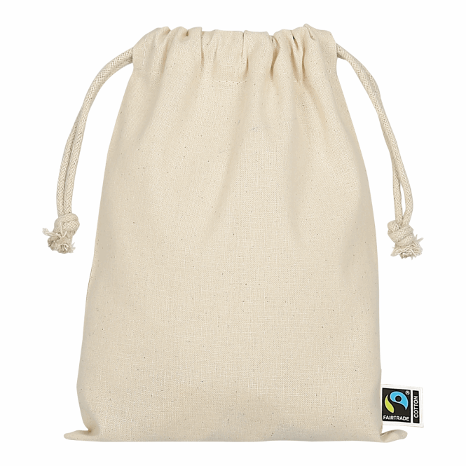 Werbeartikel Zuziehbeutel Fairtrade-Baumwolle mit Logodruck 20x15 cm – Beige – Nachhaltige Textilverpackung für B2B Events und Messen