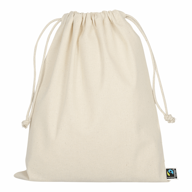 Werbeartikel Zuziehbeutel Fairtrade-Baumwolle 25x30 cm mit Logodruck – Beige – nachhaltige Stofftasche für Messen und Firmenveranstaltungen