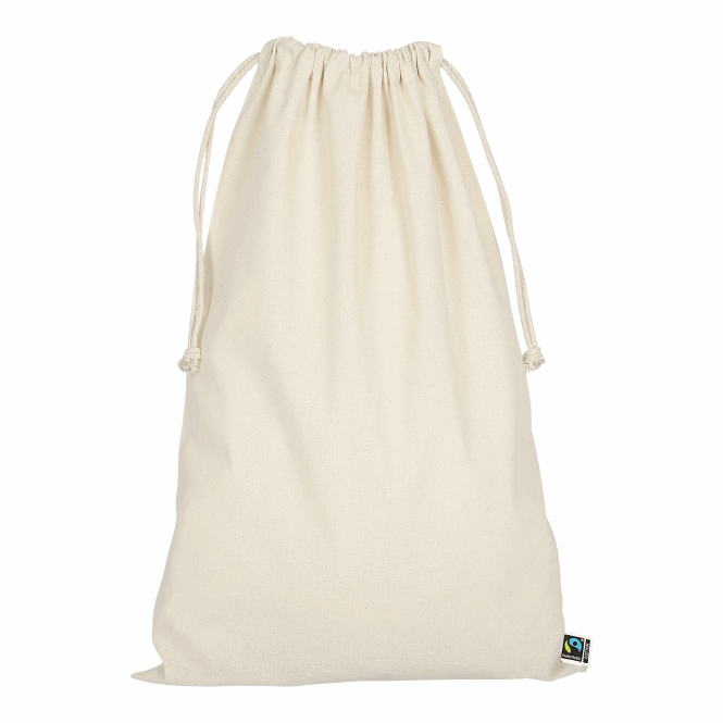 Werbeartikel Zuziehbeutel aus Fairtrade-Baumwolle mit Logodruck – 30x45 cm – Beige – Nachhaltige Stofftasche für Messen und Firmen