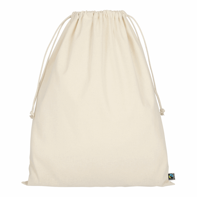 Werbeartikel Zuziehbeutel Fairtrade-Baumwolle mit Logodruck – Beige – 40x50 cm Textiltasche für Messen und Firmen