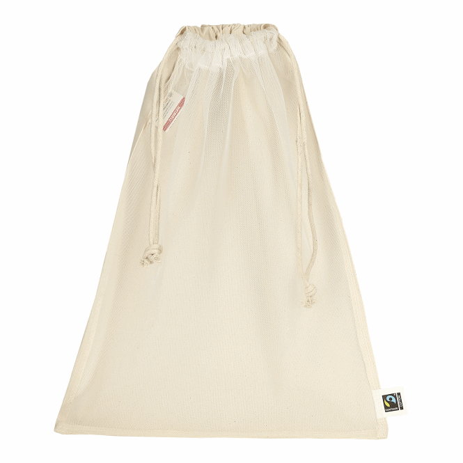 Werbeartikel Netzbeutel aus Fairtrade-Baumwolle 30x40 cm mit Logodruck – Beige – nachhaltige Tragetasche für Messen und Firmen