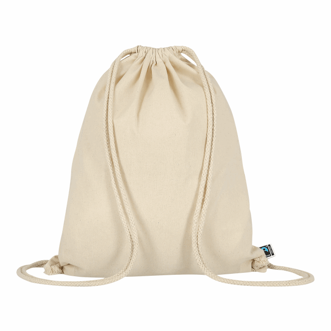 Werbeartikel Turnbeutel Texxilla aus Fairtrade-Baumwolle mit Logodruck – Beige – nachhaltiger Rucksack für Events und Messen