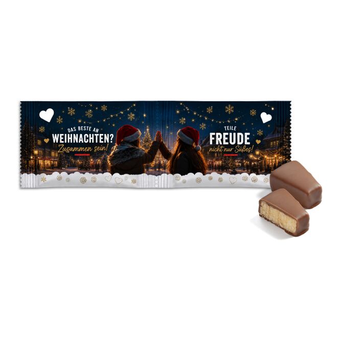 Firmengeschenk Twinset Baumkuchenspitzen – weiß – mit bedrucktem Etikett als Weihnachtsgeschenk für Kunden und Partner verschenken