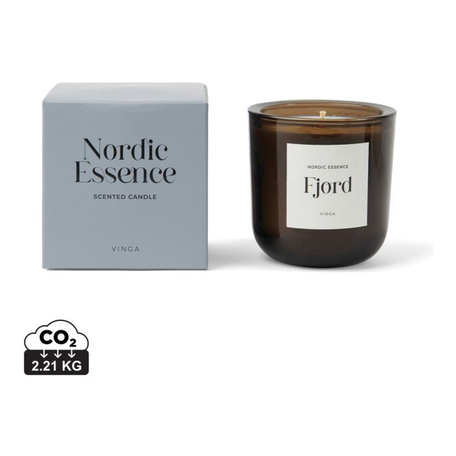 Mitarbeitergeschenk Duftkerze Nordic Essence – blau-dunkelbraun – hochwertig bedruckt 100% Sojawachs 32h Brenndauer Stimmungslicht