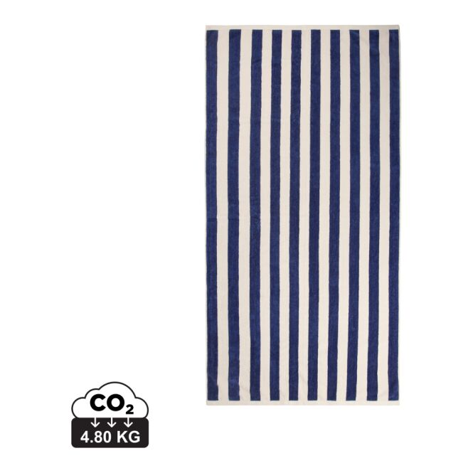 Werbeartikel VINGA Lagoa Strandtuch mit Logo bestickt – Navy blau-weiß – 80x160 cm aus recycelter Baumwolle für sommerliche Firmen-Events