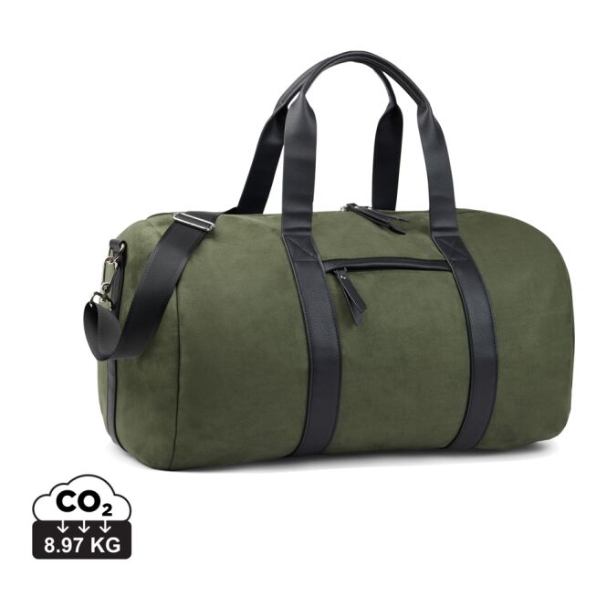 Kundengeschenk VINGA Marlow Wochenendtasche mit Logodruck – Grün-Schwarz – nachhaltige Reisetasche für Geschäftsreisen aus Recyclingmaterial