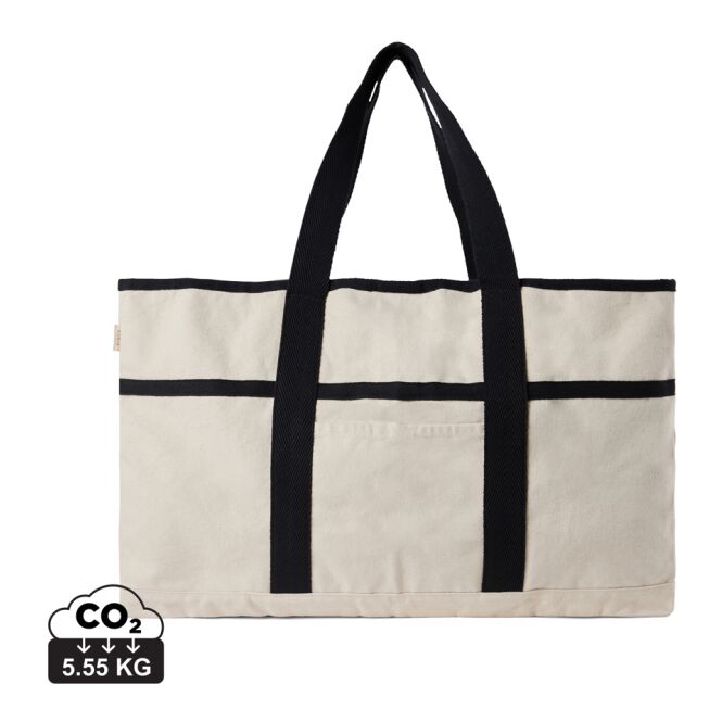 Werbeartikel Strandtasche VINGA Volonne AWARE – off white-schwarz – mit Logo bedruckt aus nachhaltigem Canvas große Beachtasche für Events