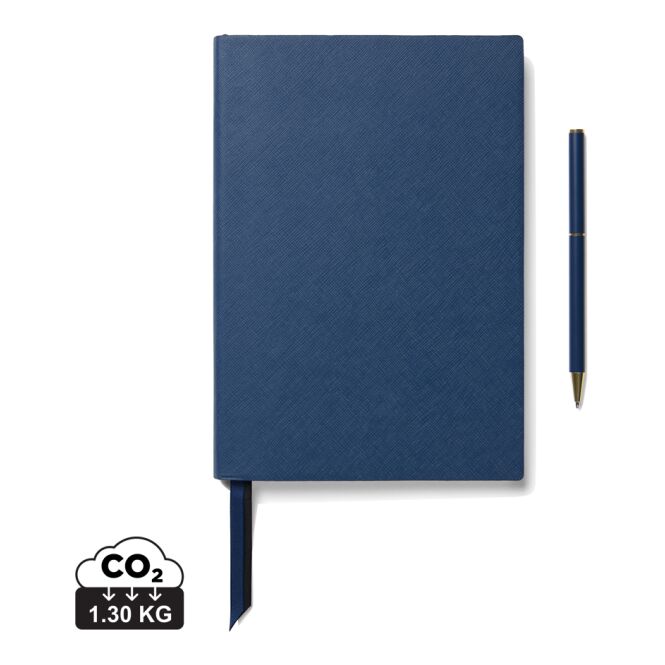 Kundengeschenk VINGA Arlo RCS Executive Schreibset – navy – mit Logo bedruckt, 2-teilig mit Notizbuch & Drehkugelschreiber, blau schreibend für