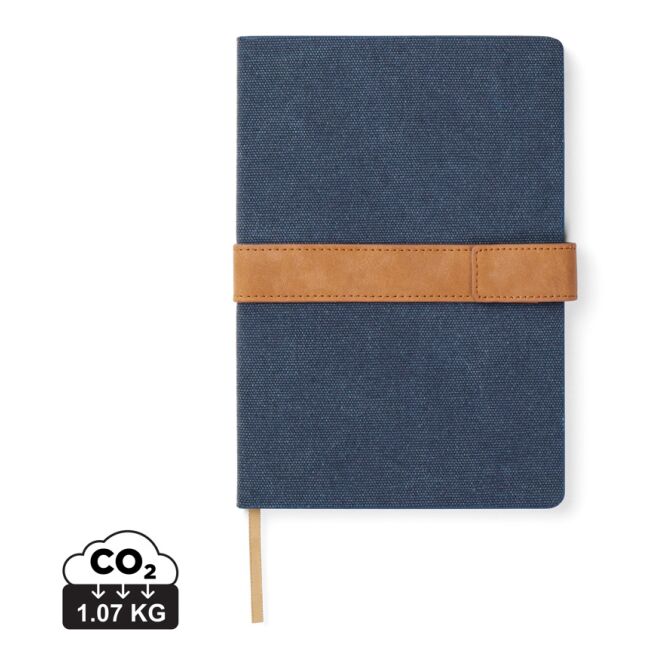 Kundengeschenk Notizbuch VINGA Bosler – navy blau – mit Logo bedruckt DIN A5 nachhaltig aus recyceltem Canvas für den Büroalltag
