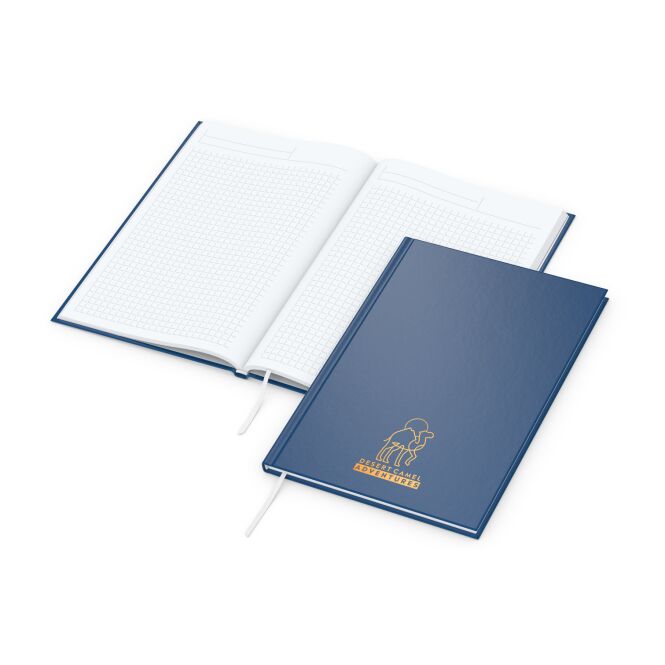 Kundengeschenk Notizbuch Memo-Book – dunkelblau – mit Logo bedruckt DIN A5 für Meetings & Konferenzen