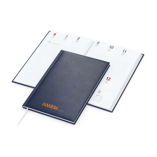 Mitarbeitergeschenk Terminplaner Prestige 2027 – dunkelblau – mit Digitaldruck DIN A5 Hardcover 3-sprachig für den Außendienst