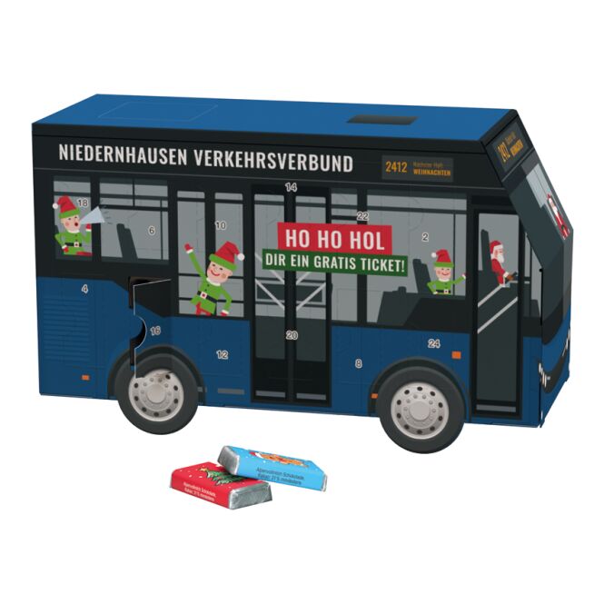 Mitarbeiter-Weihnachtsgeschenk Adventskalender Bus mit Logodruck – kompostierbares Inlay – süßes Firmenpräsent für die Adventszeit