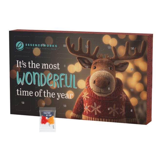 Firmengeschenk Adventskalender ECO L – mit weihnachtlicher hülle – inkl. Werbeaufdruck – als Weihnachtsgeschenk für Kunden und Partner