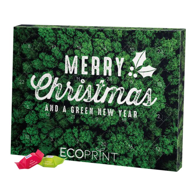 Kundenpräsent Adventskalender Eco XL mit Logodruck – klimaneutrale Werbegeschenke mit Schokolade für Firmen
